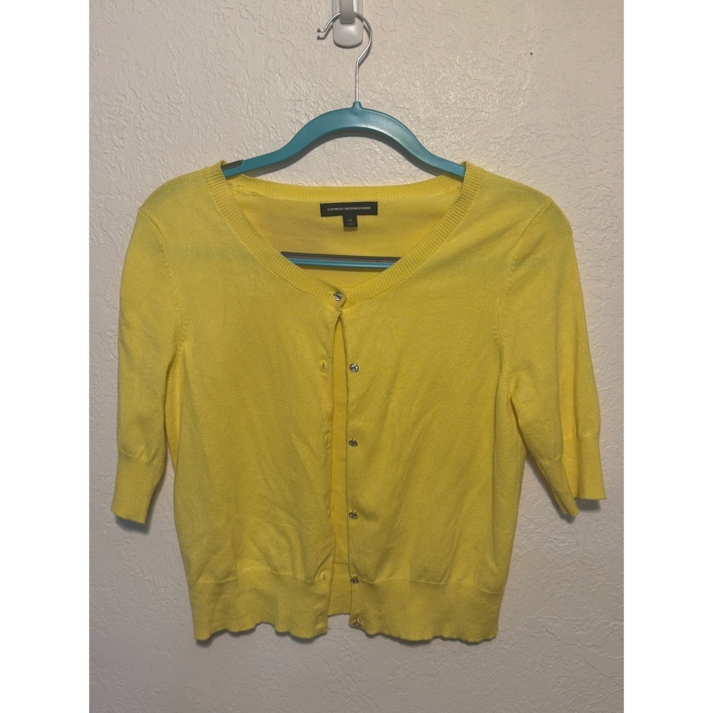 Express Design Studio Yellow Rhinestone Button V-Neck Cardigan Medium RN55285